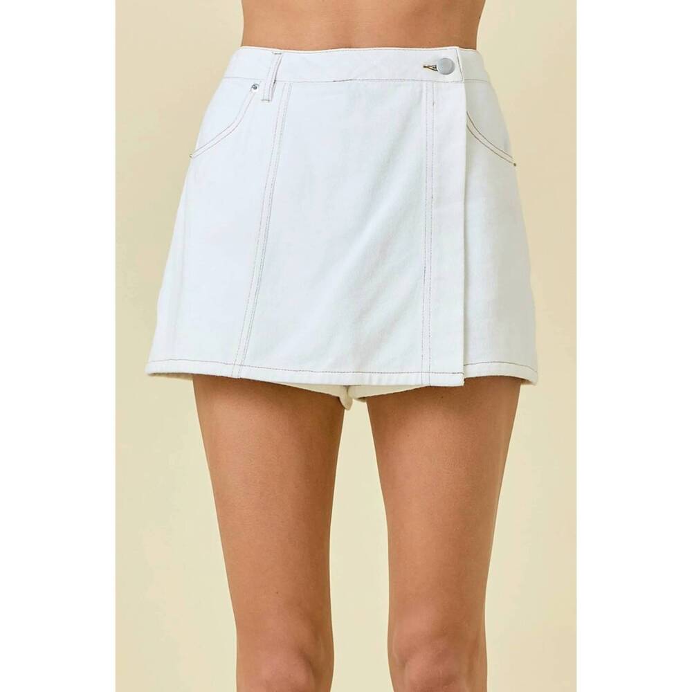 NEW DAY + MOON asymmetrical wrap denim skort in off white